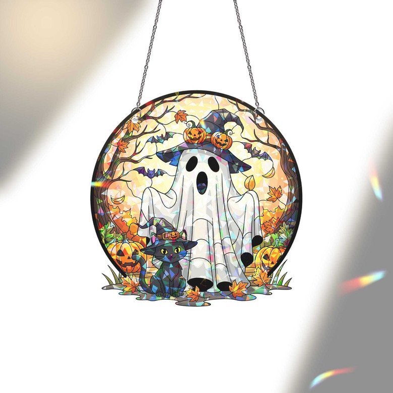 Spooky Black Cat Halloween Suncatcher Stained Glass Ornament - Fall Witchy Decor Gift