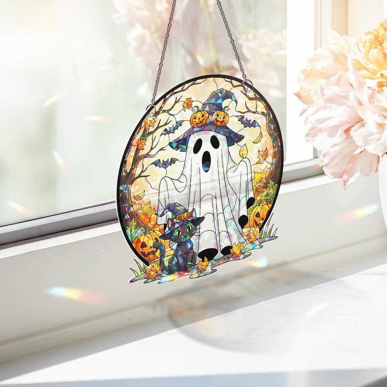Spooky Black Cat Halloween Suncatcher Stained Glass Ornament - Fall Witchy Decor Gift