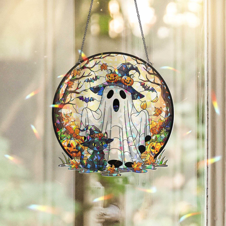 Spooky Black Cat Halloween Suncatcher Stained Glass Ornament - Fall Witchy Decor Gift