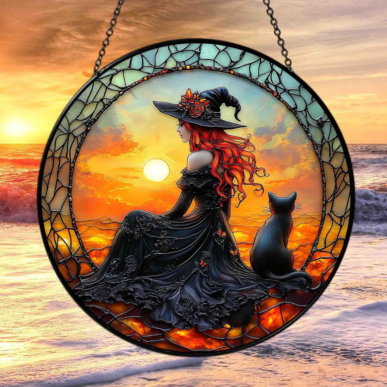 Handcrafted Black Cat Halloween Suncatcher For Spooky DéCor - Witch And Moon Acrylic Ornament For Window Decoration