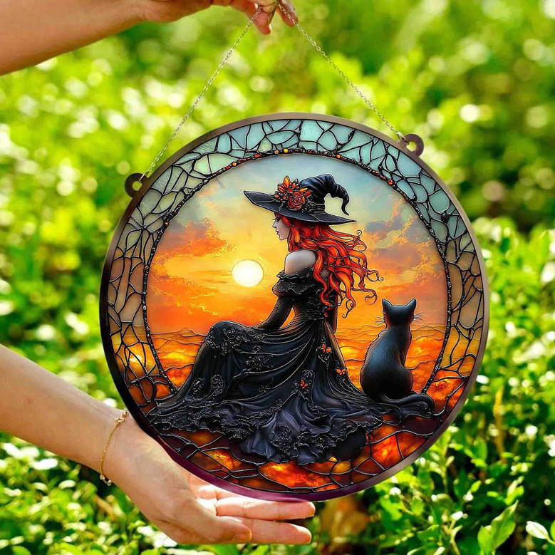Handcrafted Black Cat Halloween Suncatcher For Spooky DéCor - Witch And Moon Acrylic Ornament For Window Decoration