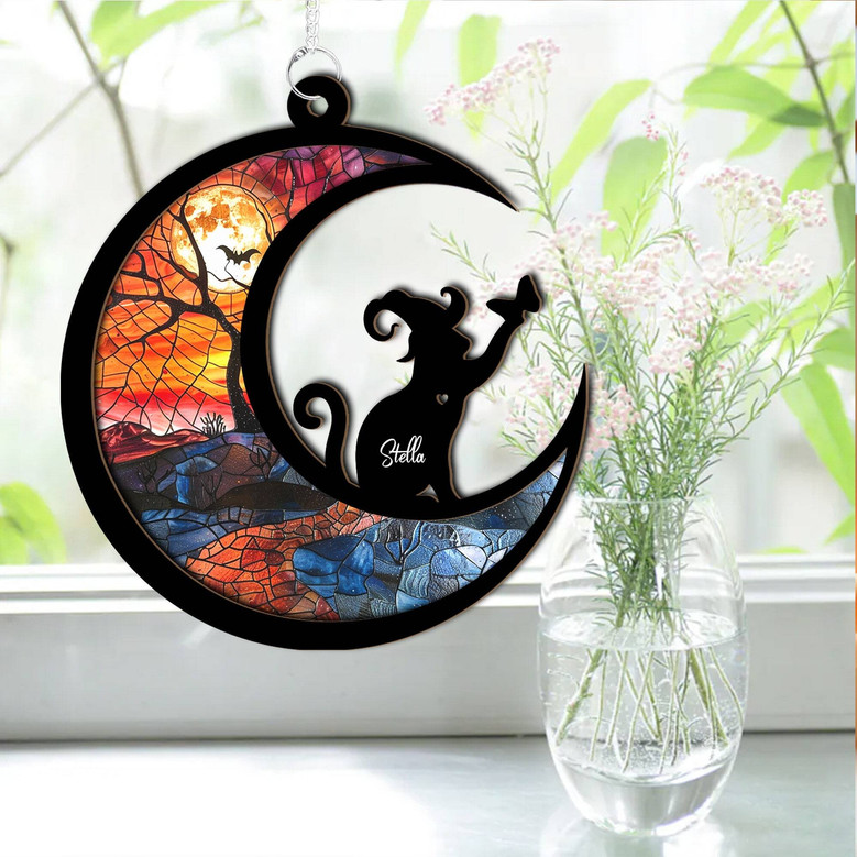Personalized Black Cat Halloween Suncatcher For Pet Memorial Sympathy Gift