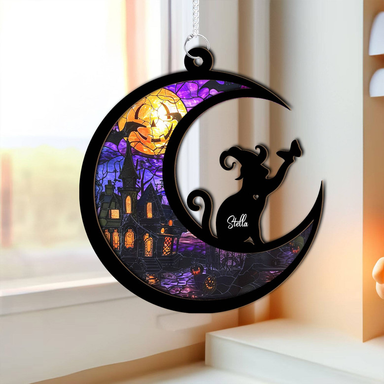 Personalized Black Cat Halloween Suncatcher For Pet Memorial Sympathy Gift