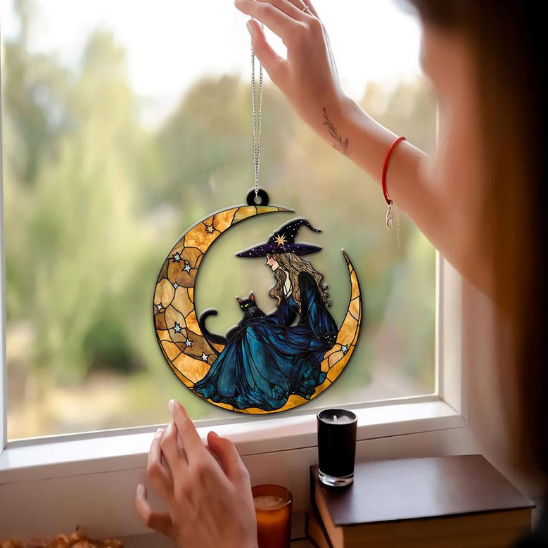 Spooky Witch And Black Cat Suncatcher - Halloween Window Hanging For Witchy Home