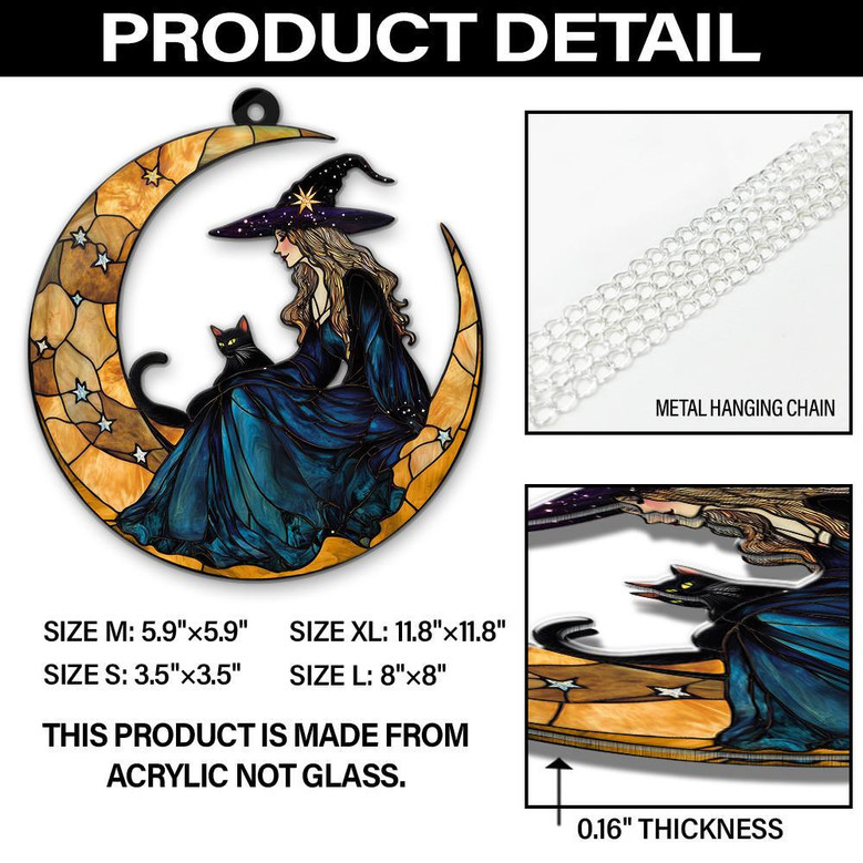 Spooky Witch And Black Cat Suncatcher - Halloween Window Hanging For Witchy Home