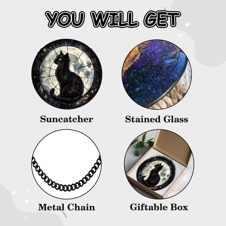 Black Cat On Moon Stained Glass Suncatcher For Cat Moms - Halloween Window Hanging Gift