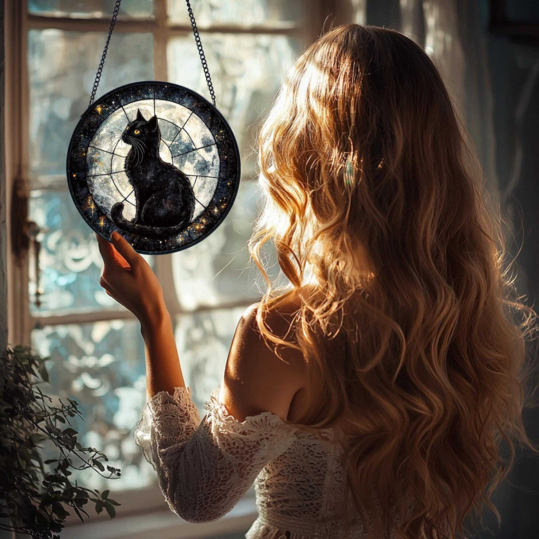 Black Cat On Moon Stained Glass Suncatcher For Cat Moms - Halloween Window Hanging Gift