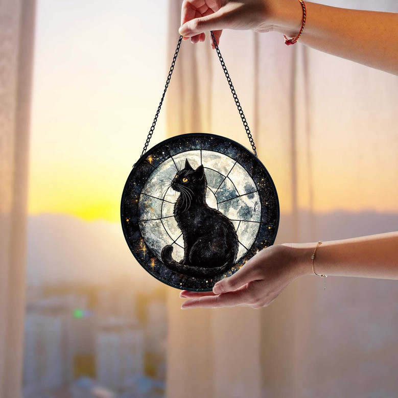 Black Cat On Moon Stained Glass Suncatcher For Cat Moms - Halloween Window Hanging Gift