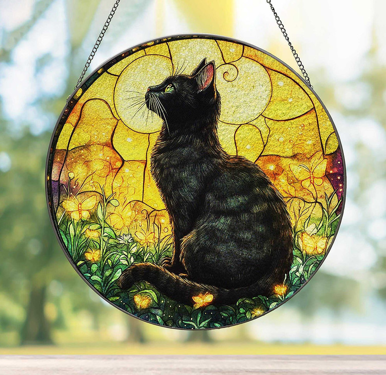 Gothic Black Cat Suncatcher With Butterflies For Halloween - Memorial Ornament For Cat Lovers