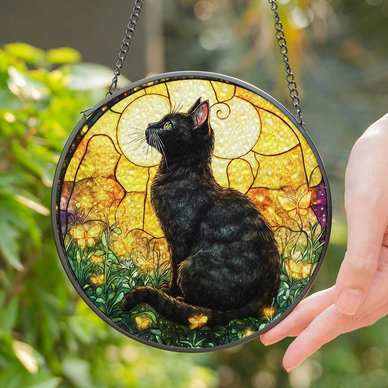 Gothic Black Cat Suncatcher With Butterflies For Halloween - Memorial Ornament For Cat Lovers