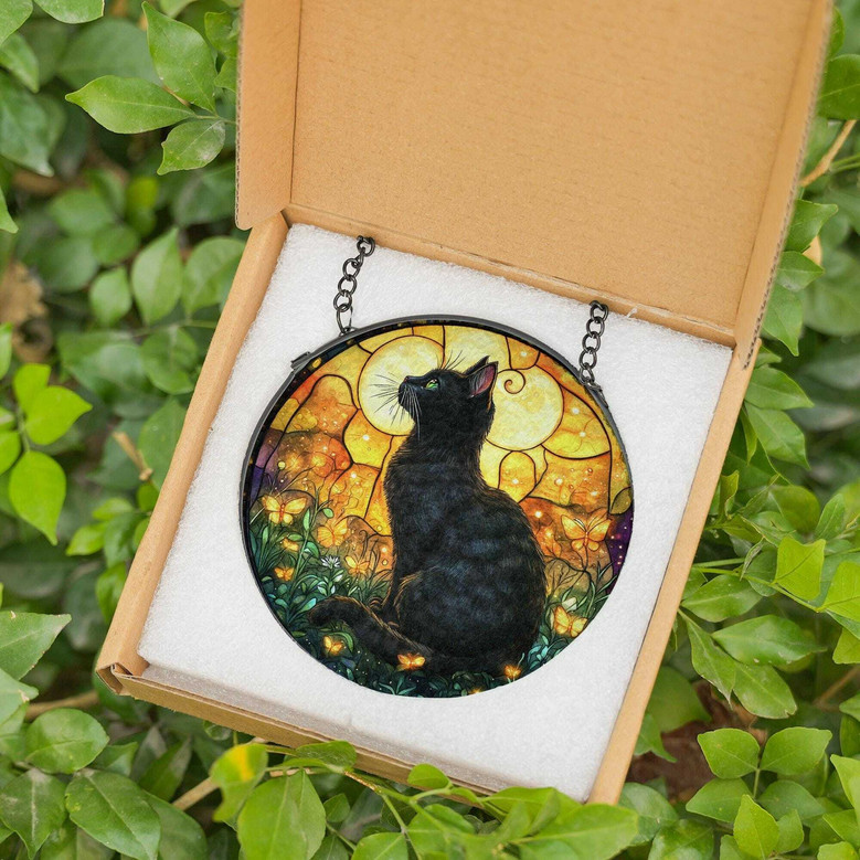 Gothic Black Cat Suncatcher With Butterflies For Halloween - Memorial Ornament For Cat Lovers