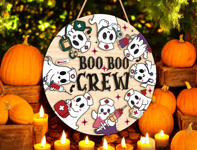 Funny Boo Crew Ghost Nurse Halloween Wood Sign For Clinic Decor - Healthcare Gift