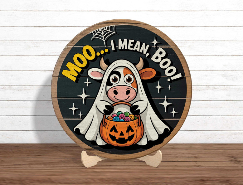 Cute Ghost Cow Boo Crew Wood Sign For Halloween Porch Decor - Farmhouse Style