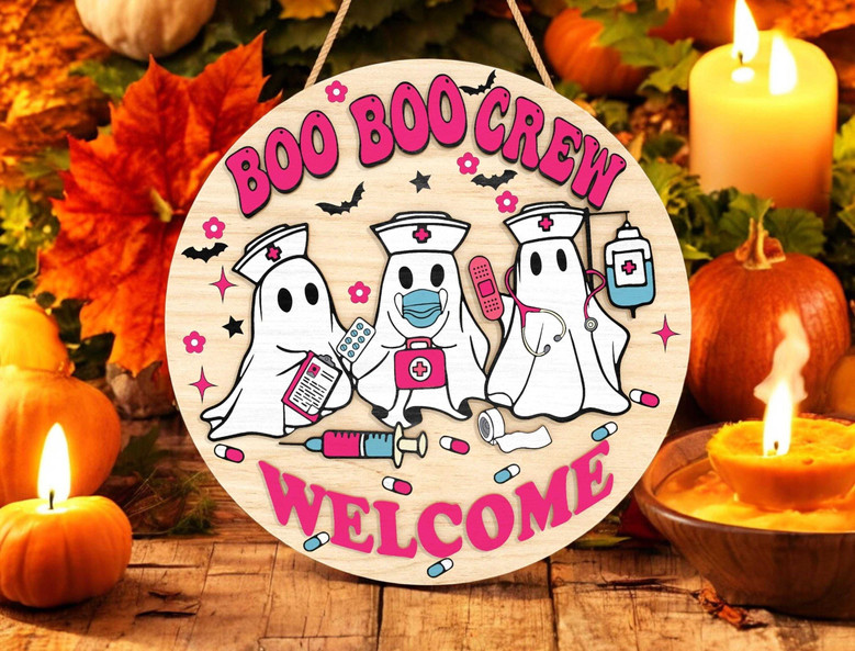 Personalized Boo Crew Nurse Halloween Sign - Spooky Medical Ghost Door Hanger For Nurses, Cute MDF Decor