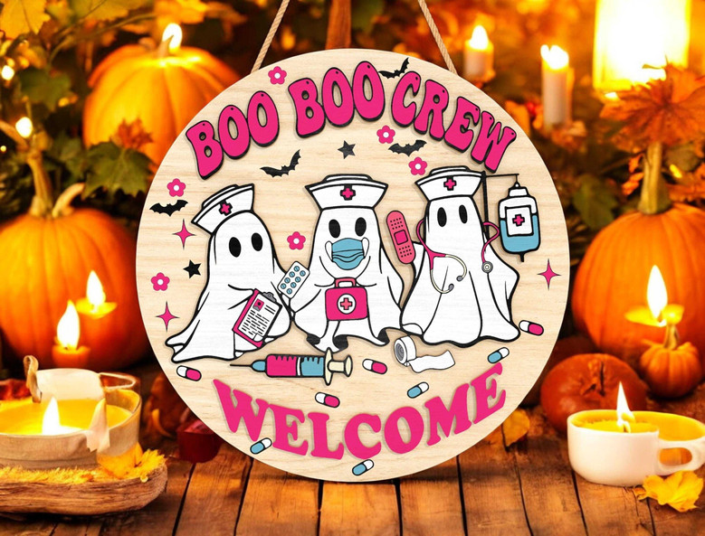 Personalized Boo Crew Nurse Halloween Sign - Spooky Medical Ghost Door Hanger For Nurses, Cute MDF Decor
