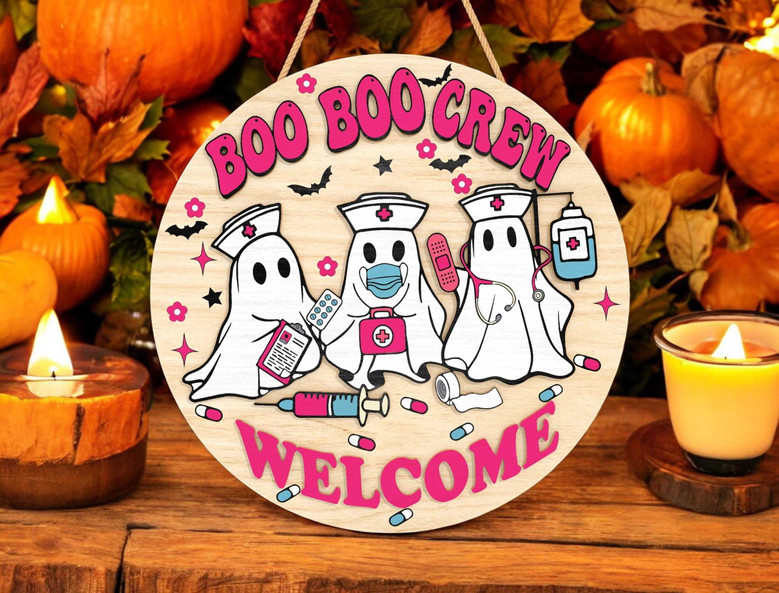 Personalized Boo Crew Nurse Halloween Sign - Spooky Medical Ghost Door Hanger For Nurses, Cute MDF Decor