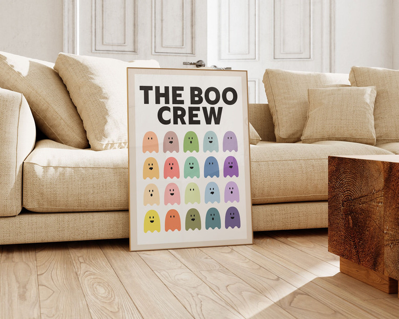 Trendy Boo Crew Ghost Wood Sign - Cute Retro Halloween Wall Art For Indoor Decoration