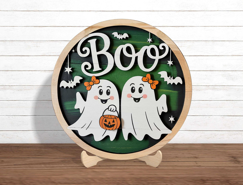 Boo Crew Ghost Door Sign | Cute Round Wooden DéCor For Halloween | Trick Or Treat Porch Hanger