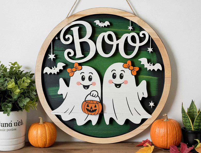 Boo Crew Ghost Door Sign | Cute Round Wooden DéCor For Halloween | Trick Or Treat Porch Hanger