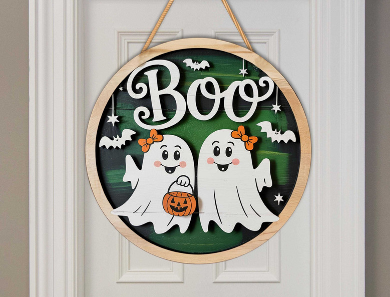 Boo Crew Ghost Door Sign | Cute Round Wooden DéCor For Halloween | Trick Or Treat Porch Hanger