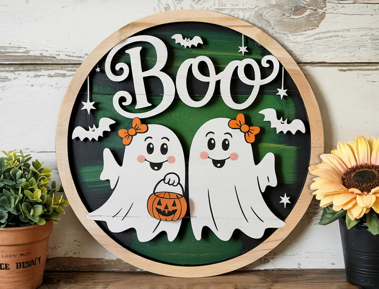 Boo Crew Ghost Door Sign | Cute Round Wooden DéCor For Halloween | Trick Or Treat Porch Hanger