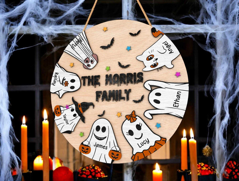 Personalized Ghost Dog Theme Wood Sign - Cute Halloween Decor For Entryway & Family Gift