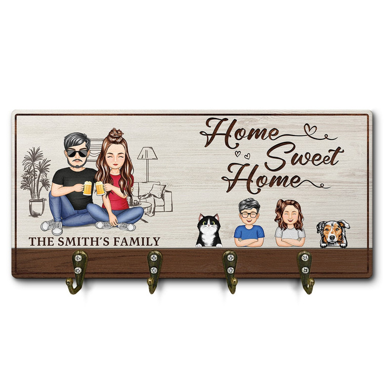 Personalized Family Cartoon Wooden Wall Key Holder For Couples - Home Sweet Home Decor Gift
