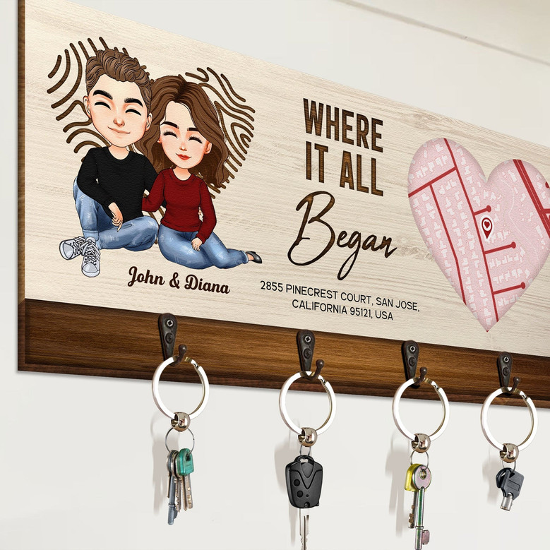 Personalized Map Location Couple Where It All Began - Custom Modern Key Rack Holder For Couples
