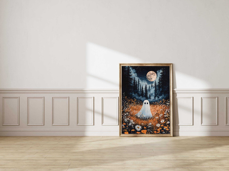 Whimsical spooky ghost canvas in a moonlit forest, add your family name and year, Halloween gift idea for families