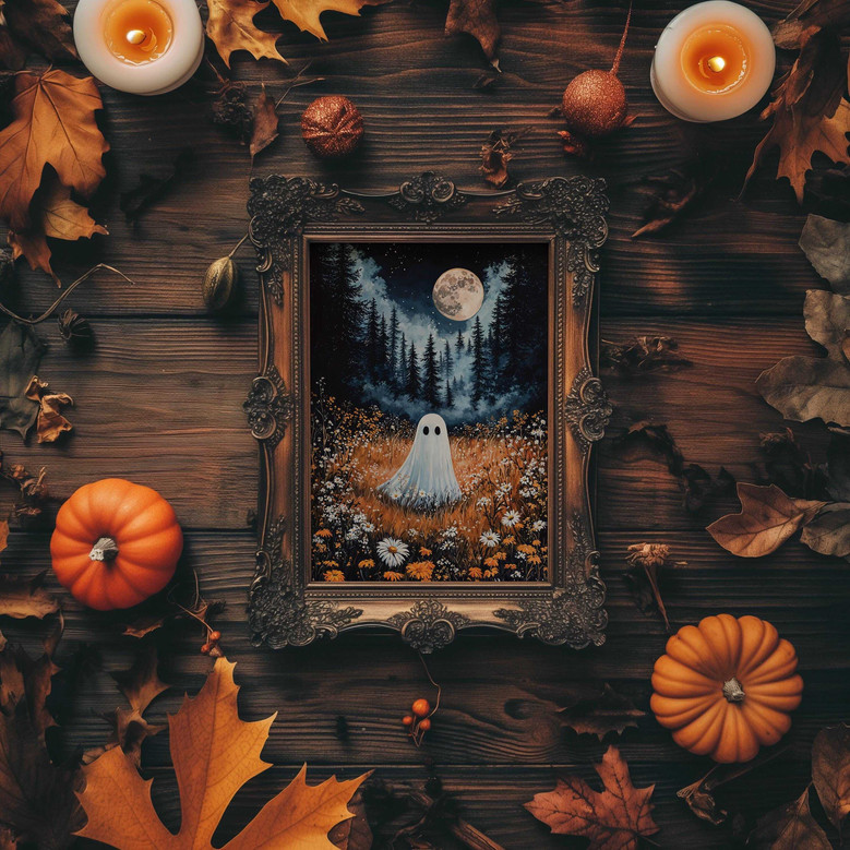 Whimsical spooky ghost canvas in a moonlit forest, black and white tones, custom names and date for stylish living room decor