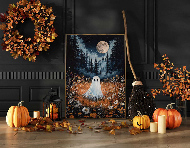 Whimsical spooky ghost canvas art with moon and pine forest, personalized family name for living room Halloween decor