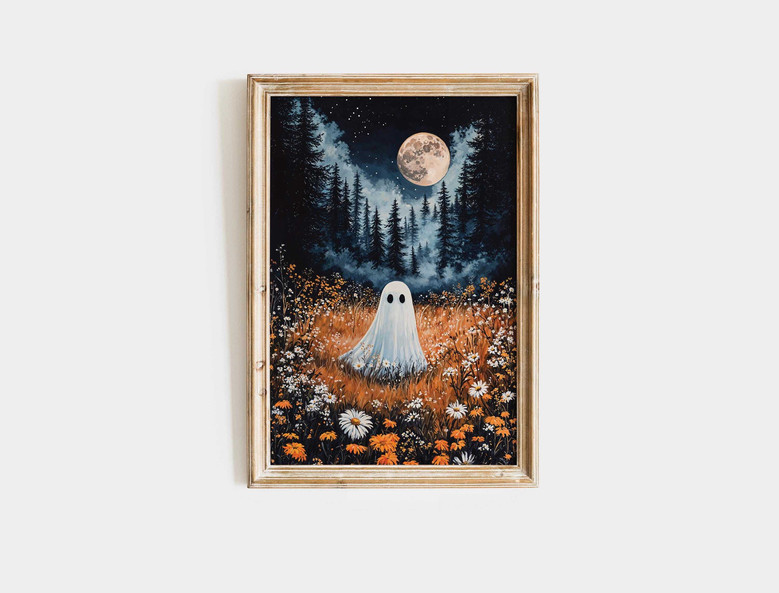 Whimsical spooky ghost canvas with a moonlit forest backdrop, personalized with family names for living room wall decor