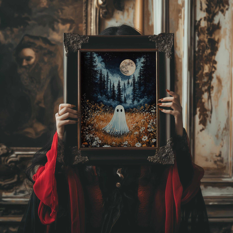 Spooky ghost Halloween canvas with a moonlit forest scene, custom couple names added; a fun Halloween gift for new homeowners