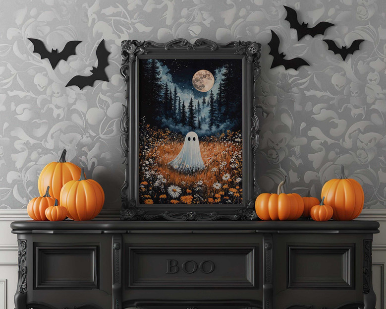 Whimsical spooky ghost canvas under a starry night and full moon, personalized family names, rustic accent for living room
