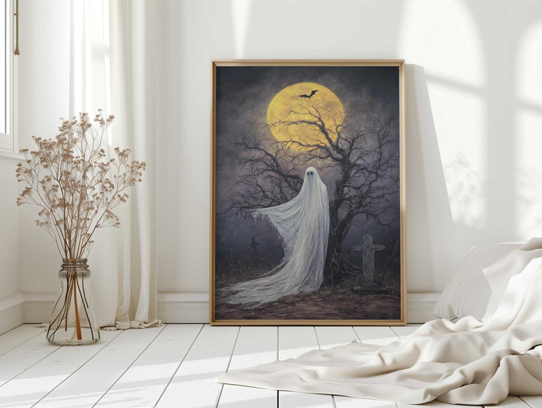 Spooky Halloween canvas, custom date and names, haunted cemetery under full moon, dark minimalist wall art for living room