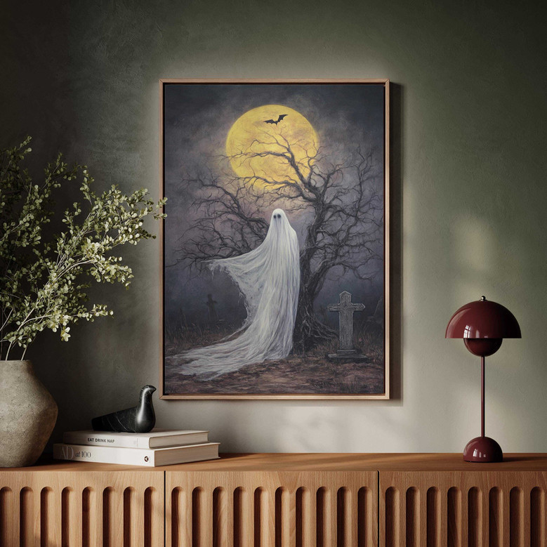 Spooky Halloween canvas personalized with family name, full moon over graveyard and bats, eerie wall art for living room