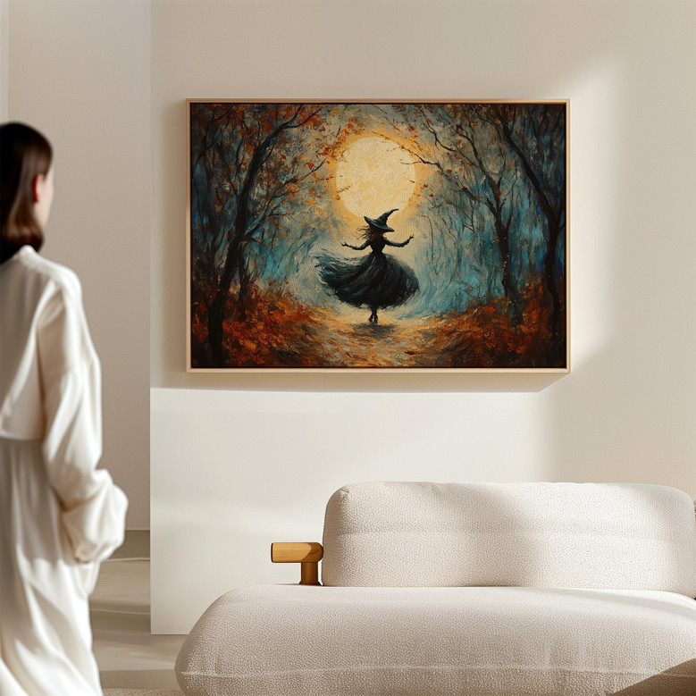 Moonlit forest dancing witch canvas wall art, landscape view in cool blue tones, silhouetted pines and bats, matte finish