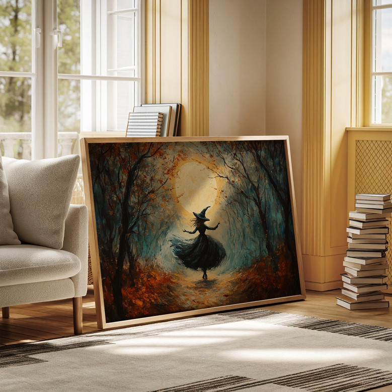 Moonlit forest dancing witch canvas wall art, black floating frame, starry sky over firs, rustic Halloween wall décor