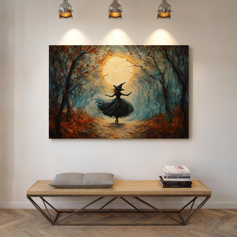 Moonlit forest dancing witch canvas wall art, square format, vintage sepia tones, gallery-wrapped edges, moody autumn décor