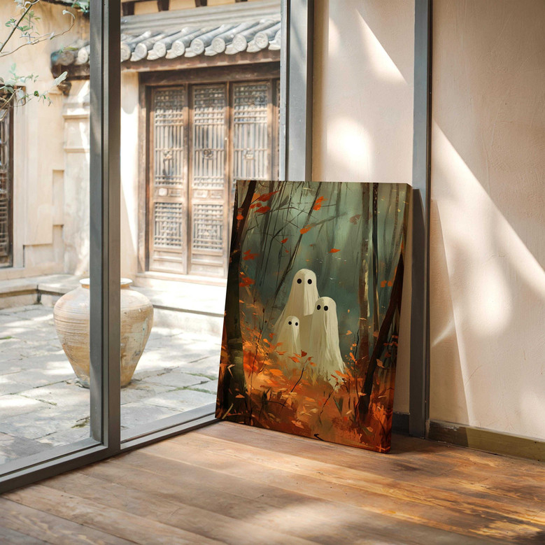 Halloween ghost family canvas with rustic farmhouse look, custom names, neutral background, landscape art for autumn entryway