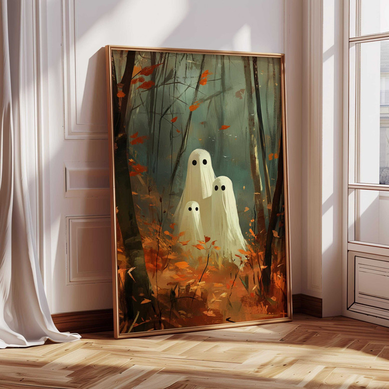 Halloween ghost family canvas with cozy autumn vibe, custom family names, warm tones, landscape for living room