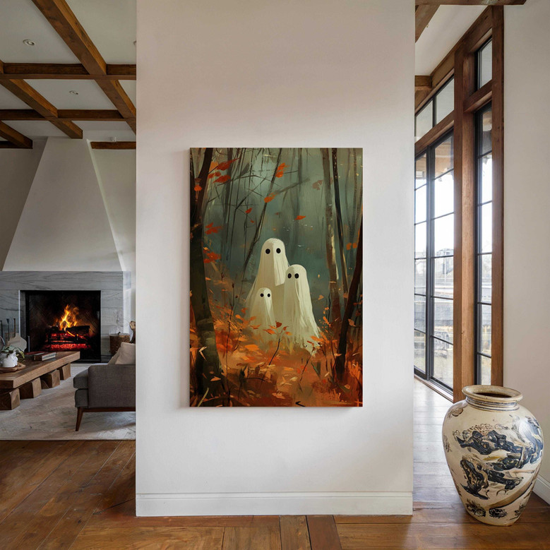 Halloween ghost family canvas, black-and-white minimalist style with custom names, fall gift for families, mantel display