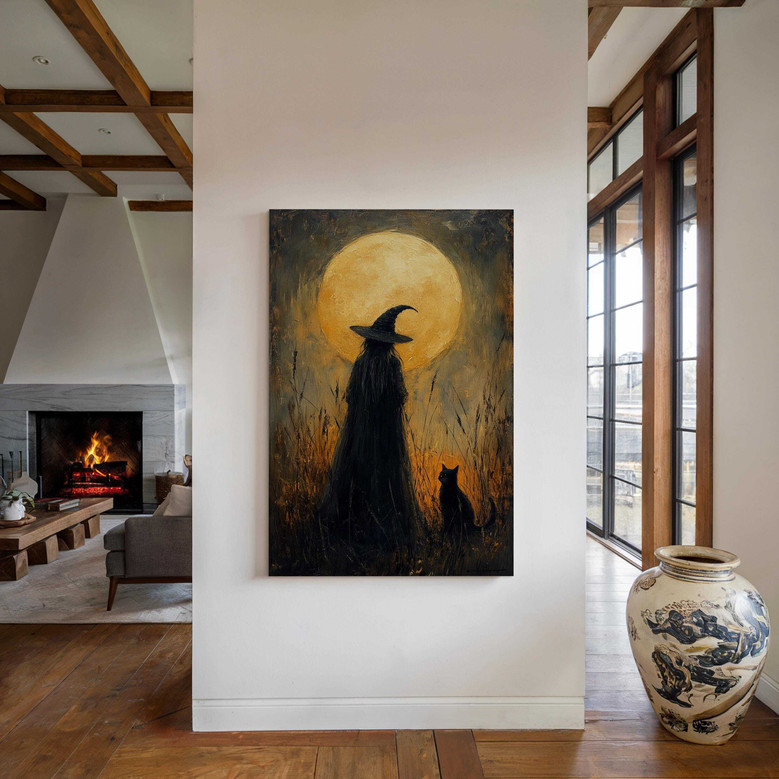 Mystical Halloween witch canvas with cat silhouette, charming gift for witchy decor fans, ready for living room display