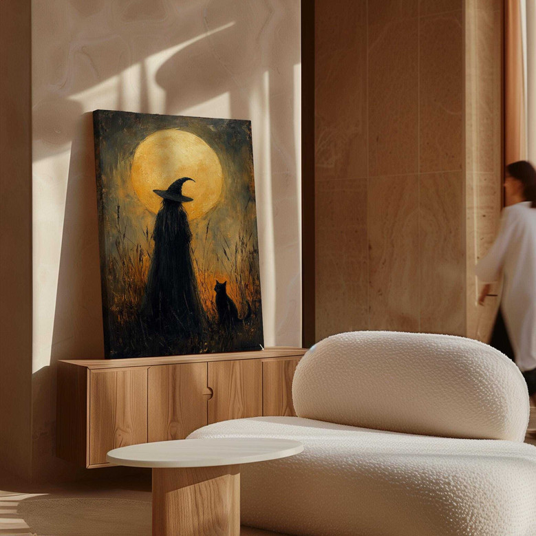 Mystical Halloween witch canvas wall art with cat silhouette in minimalist style, ideal living room decor for spooky season