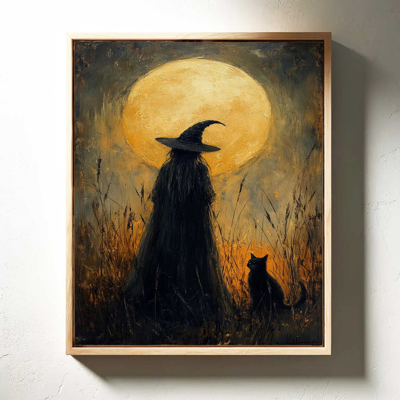 Mystical Halloween witch canvas print featuring a cat silhouette, moody dark tones, for living room decor, portrait