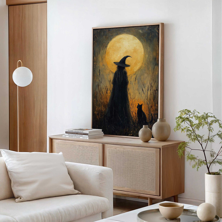 Mystical Halloween witch canvas, black cat silhouette art in modern gothic style, enchanting living room decor, landscape