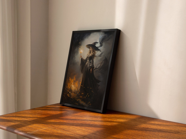 Halloween witches canvas wall art in dark romantic style, vintage etching look with ember glow for mantel or entryway