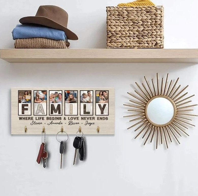 Personalized Family Key Holder - Custom Photo Wooden Sign For Entryway DéCor Gift