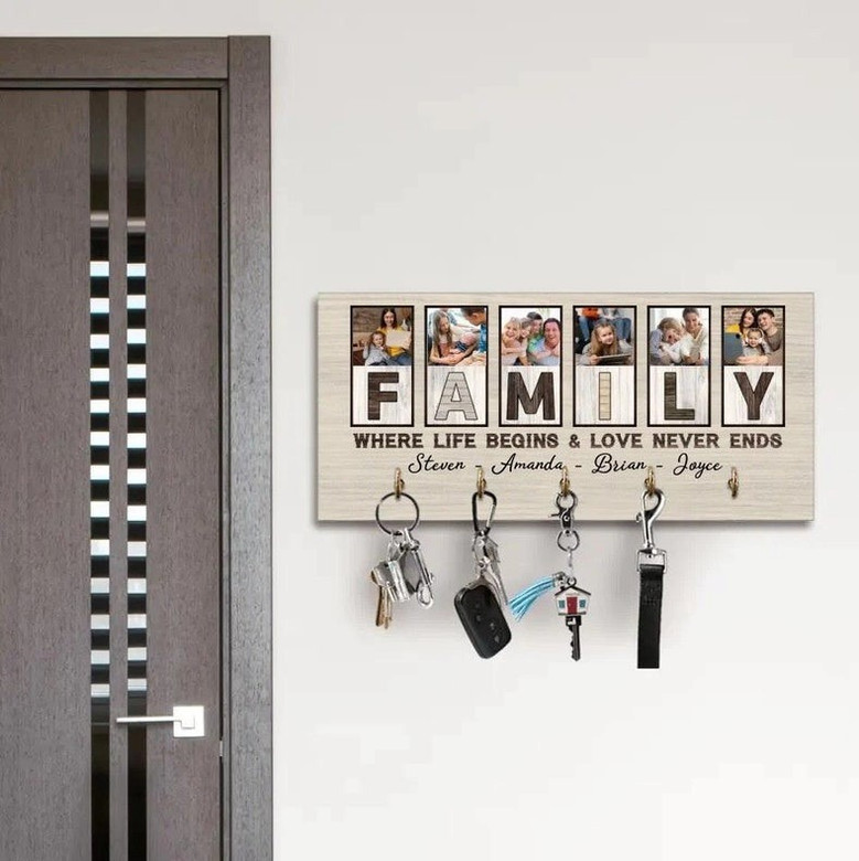 Personalized Family Key Holder - Custom Photo Wooden Sign For Entryway DéCor Gift