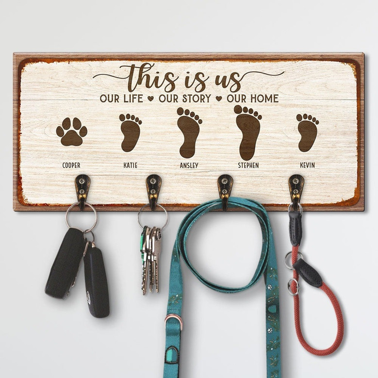 Personalized Wood Key Holder For Wall With Family Name And Pet Paw Print - Housewarming Gift